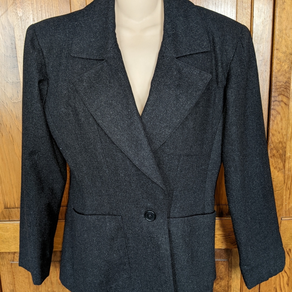 Vintage 80s Womens Calvin Klein Boxy Wool Blazer Jacket Shoulder Pads Gray Fall - Picture 2 of 10